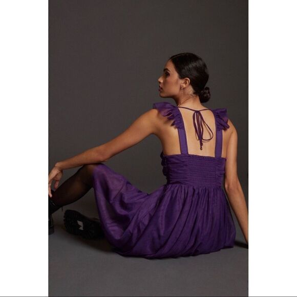 NEW Anthropologie Maeve Purple Jewel Tone Ruffled Tulle V-Neck Mini Dress Medium - Picture 2 of 4